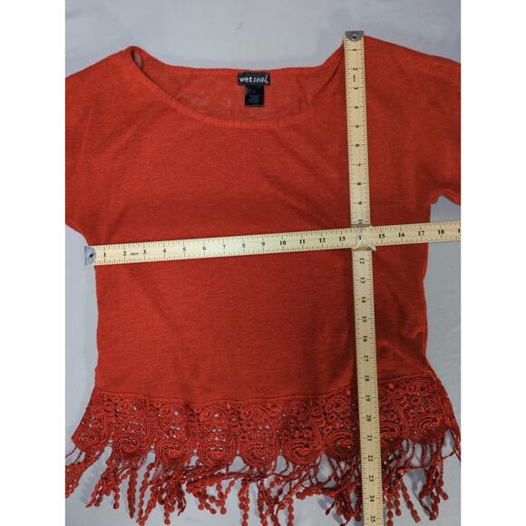 Y2K Wet Seal USA Orange Crochet Fringe Hem Knit Top Boho Festival Women L - Picture 6 of 9